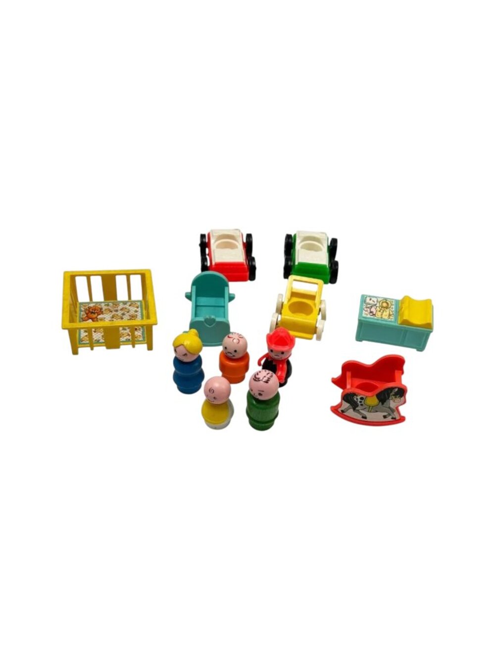 Vintage Fisher-Price Doll House‎ Furniture Lot 12 Baby Nursery Cars People 1972
